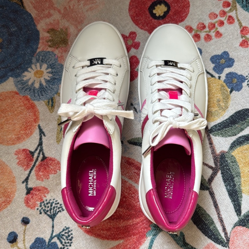 Michael Kors Irving Stripe sneaker shoe white pink silver lace-up school casual - Picture 5 of 7